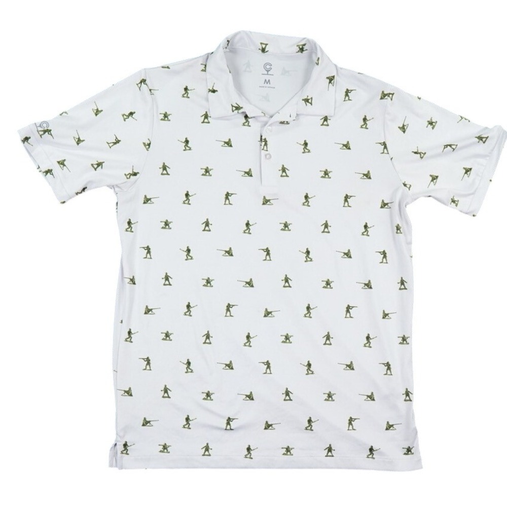 Caddy Cart Polo Shirt Mens M White Green Army Men Graphic Golf Performance
